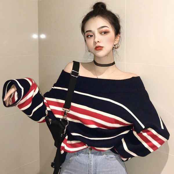 spring autumn women's clothing loose slash neck off shoulder vintage woman long sleeve striped knitted sweaters korean new, White;black
spring autumn women's clothing loose slash neck off shoulder vintage woman long sleeve striped knitted sweaters korean new, White;black