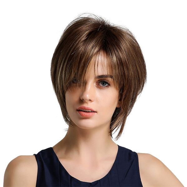12'' women short fluffy layered wigs synthetic side part wig for daily party, Black
12'' women short fluffy layered wigs synthetic side part wig for daily party, Black
