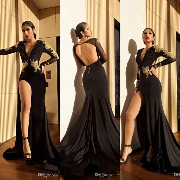 black evening dresses wear deep v neck long sleeves gold lace appliques beads side split open back plus size party dress prom gowns, Black;red
black evening dresses wear deep v neck long sleeves gold lace appliques beads side split open back plus size party dress prom gowns, Black;red