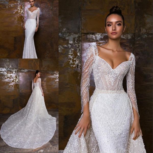 gorgeous full beaded mermaid wedding dresses with detachable train long sleeve sweetheart beach bridal gown beadings vestido de novia, White
gorgeous full beaded mermaid wedding dresses with detachable train long sleeve sweetheart beach bridal gown beadings vestido de novia, White