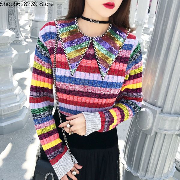 19g sweater female heavy industry nail beads doll collar rainbow stripes bright silk knitting shirt top, White;black
19g sweater female heavy industry nail beads doll collar rainbow stripes bright silk knitting shirt top, White;black