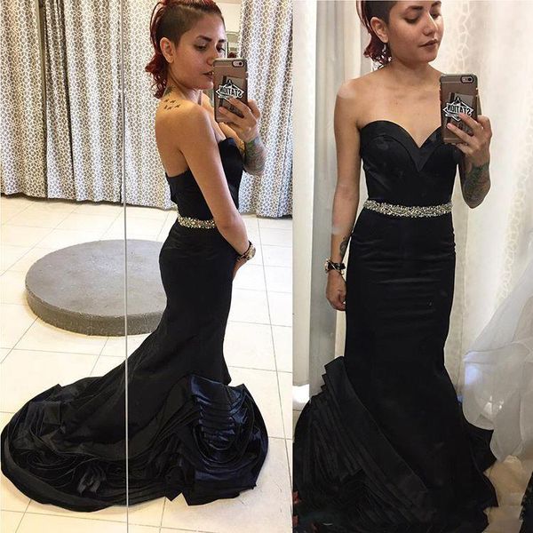 sweetheart satin black mermaid prom dress draped tail evening party dresses with beaded waist formal long dress
sweetheart satin black mermaid prom dress draped tail evening party dresses with beaded waist formal long dress