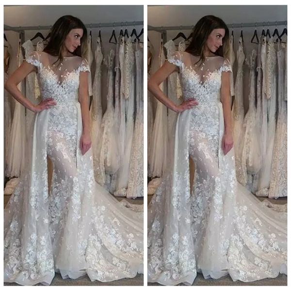 2019 lace appliques sheer bead wedding dresses overskirt detachable train short sleeves mermaid wedding gowns stunning bridal dress, White
2019 lace appliques sheer bead wedding dresses overskirt detachable train short sleeves mermaid wedding gowns stunning bridal dress, White
