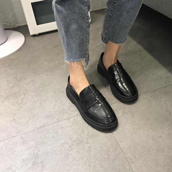 

british style casual woman platform shoes oxfords women's flats all-match round toe creepers shallow mouth preppy leather dress, Black