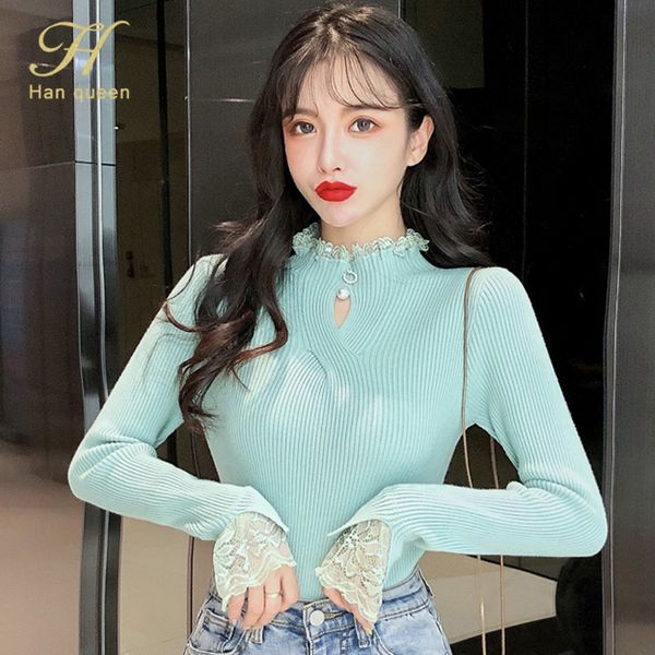 h han queen winter pullover female sweater lace sleeve stretch knitted jumper ladies korean chic slim casual women sweaters, White;black
h han queen winter pullover female sweater lace sleeve stretch knitted jumper ladies korean chic slim casual women sweaters, White;black