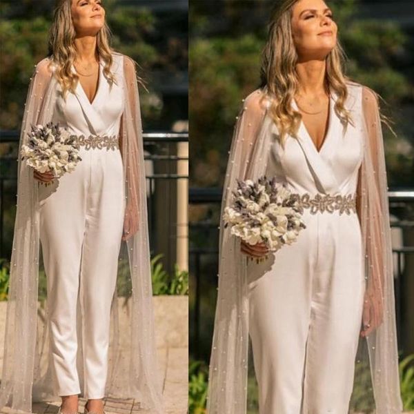 modern jumpsuit wedding dresses with wrap v neck sash ankle length country bridal gowns satin customized country vestidos de novia, White
modern jumpsuit wedding dresses with wrap v neck sash ankle length country bridal gowns satin customized country vestidos de novia, White