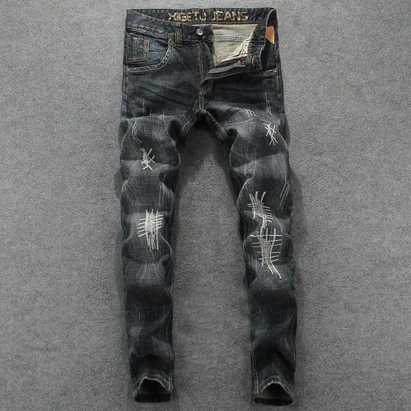 fashion trend nostalgic men's denim trousers europe and the united states high street fashion jeans embroidery patch slim pants men 28, Blue
fashion trend nostalgic men's denim trousers europe and the united states high street fashion jeans embroidery patch slim pants men 28, Blue