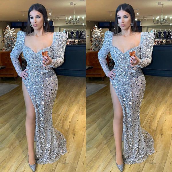 2020 sparkly sequined evening dresses with high side split long sleeve prom dress robe de soiree party bridesmaid pageant gowns, Black;red
2020 sparkly sequined evening dresses with high side split long sleeve prom dress robe de soiree party bridesmaid pageant gowns, Black;red