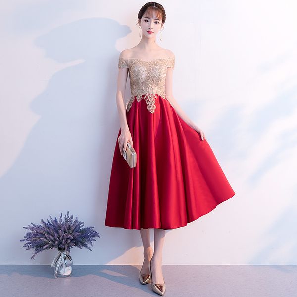 off shoulder satin cocktail dresses with lace appliques 2019 red midi party dress new prom gowns, Black
off shoulder satin cocktail dresses with lace appliques 2019 red midi party dress new prom gowns, Black