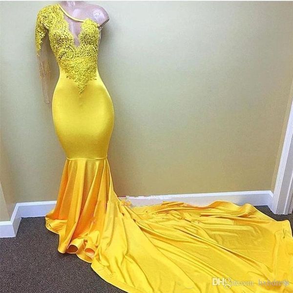 2020 new yellow one shoulder mermaid prom dresses sheer tulle lace applique beaded sweep train formal party evening gowns 247, Black
2020 new yellow one shoulder mermaid prom dresses sheer tulle lace applique beaded sweep train formal party evening gowns 247, Black