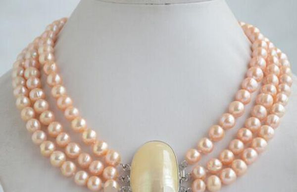 

3strands 9mm round pink freshwater pearl necklace mabe clasp, Silver