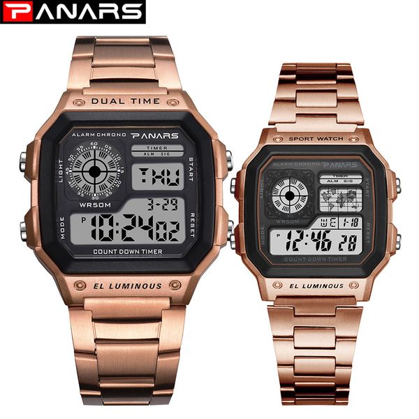 panars couples watches waterproof sport watch stainless steel digital wristwatches clock relogio masculino erkek kol saati, Slivery;brown