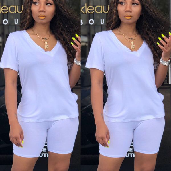 two piece dress solid sportswear vneck short sleeved regular tshirt with straight tight shorts 2 set three colors, White
two piece dress solid sportswear vneck short sleeved regular tshirt with straight tight shorts 2 set three colors, White