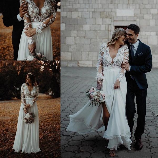ivory chiffon a line country wedding dresses with applique long sleeves deep v neck bridal wedding gowns, White
ivory chiffon a line country wedding dresses with applique long sleeves deep v neck bridal wedding gowns, White