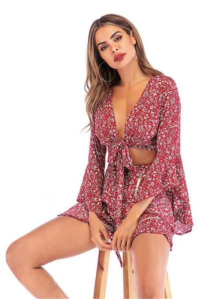 summer womens vacation belt beachwears flare sleeve floral printed ladies clothing deep v fashion casual female 2pcs sets, White
summer womens vacation belt beachwears flare sleeve floral printed ladies clothing deep v fashion casual female 2pcs sets, White