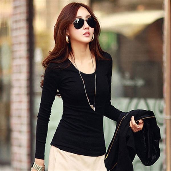 long sleeve t- women's color base women's round shirt collar black base shirt, White
long sleeve t- women's color base women's round shirt collar black base shirt, White