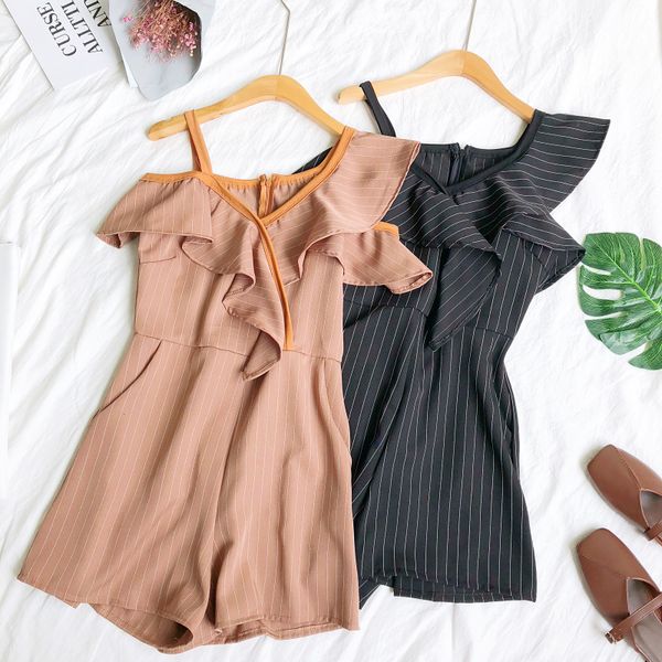 

women jumpsuits spring summer 2019 korean new irregular stripes ruffles off shoulder open-shouldered broad-legged women, Black;white