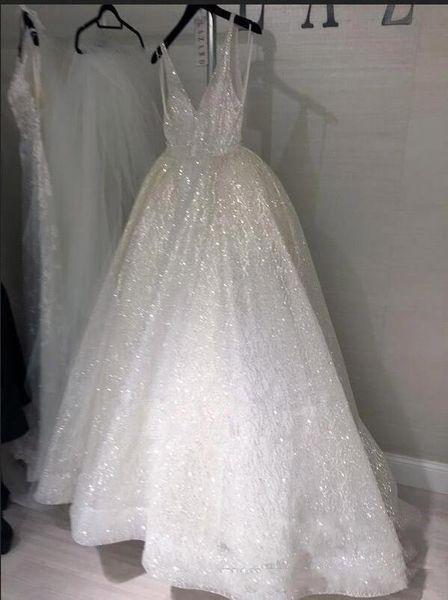 sparkly sequins a line wedding dresses deep v neck straps backless floor length custom made wedding bridal gown vestido de novia, White
sparkly sequins a line wedding dresses deep v neck straps backless floor length custom made wedding bridal gown vestido de novia, White