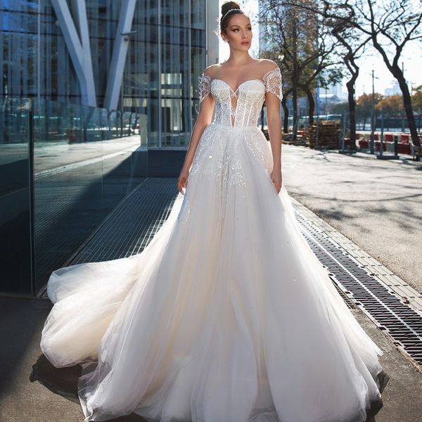 sparkly sequined lace wedding dresses off the shoulder plunging neck beaded bridal gowns sweep train tulle robe de mariée, White
sparkly sequined lace wedding dresses off the shoulder plunging neck beaded bridal gowns sweep train tulle robe de mariée, White
