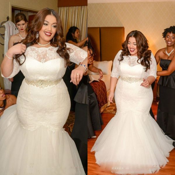 african plus size mermaid wedding dresses with sashes beaded sheer scoop neck half sleeve lace backless bridal gowns, White
african plus size mermaid wedding dresses with sashes beaded sheer scoop neck half sleeve lace backless bridal gowns, White