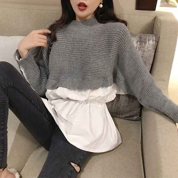 2019 autumn new pleated hem fake two-piece stitching fake two piece women knit bottoming shirt slim batwing sleeve sweater, White;black
2019 autumn new pleated hem fake two-piece stitching fake two piece women knit bottoming shirt slim batwing sleeve sweater, White;black