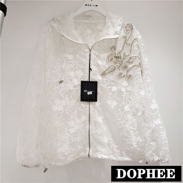 streetwear zipper lace jacket for women 2020 summer new hooded embroidered flower diamond long sleeve thin lace coat white, Black;brown