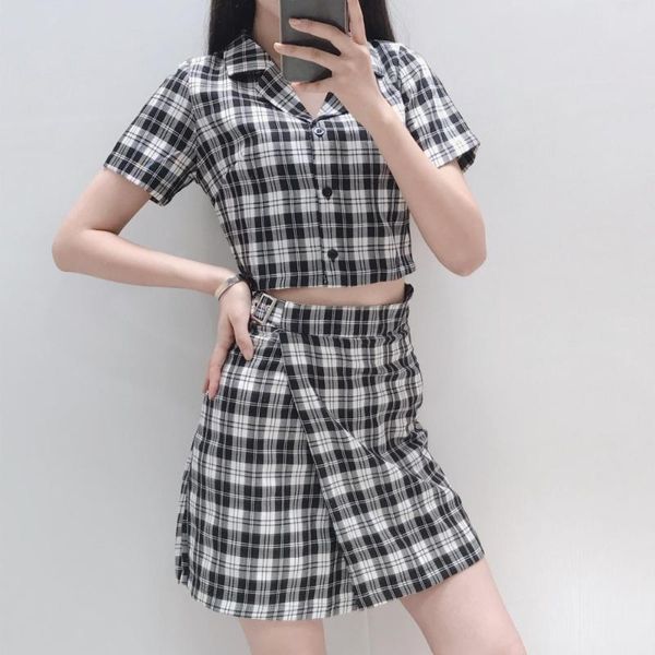 two piece dress 2021 summer women retro vintage suit plaid exposed waist short sleeve shirt + a-line skirt, White
two piece dress 2021 summer women retro vintage suit plaid exposed waist short sleeve shirt + a-line skirt, White