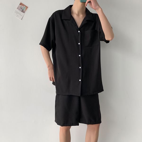 male vintage short sleeve loose pullover casual japan streetwear shirt men 2 pieces sets suits shirt shorts, White;black
male vintage short sleeve loose pullover casual japan streetwear shirt men 2 pieces sets suits shirt shorts, White;black