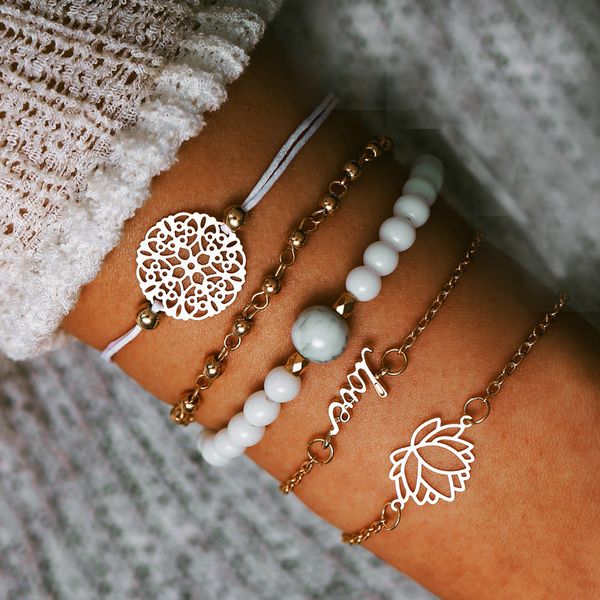 5pcs set retro bracelet women bohemian white stone beads lotus flower love charm boho bracelets bangles gold chain beach jewelry, Black
5pcs set retro bracelet women bohemian white stone beads lotus flower love charm boho bracelets bangles gold chain beach jewelry, Black