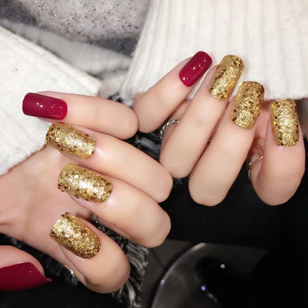 shiny red fake nails 24pcs golden glitter sequins false nail square full designed nails with glue sticker for ladies z446, Red;gold
shiny red fake nails 24pcs golden glitter sequins false nail square full designed nails with glue sticker for ladies z446, Red;gold