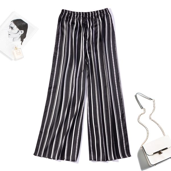 women's 100% pure silk black stripes satin elastic waist wide leg cropped pants trousers jn450, Black;white
women's 100% pure silk black stripes satin elastic waist wide leg cropped pants trousers jn450, Black;white