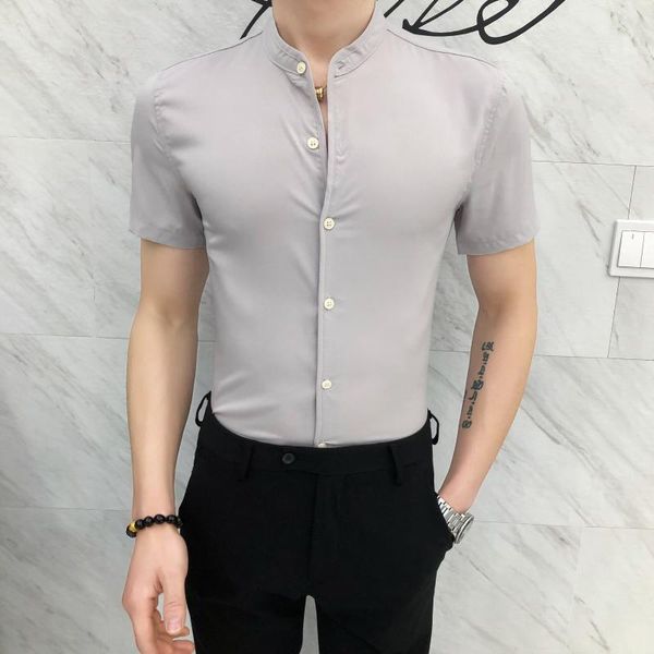 men's casual shirts streetwear social nightclub party clothes blusa camisa masculina 2021 slim shirt men short sleeve solid color dress, White;black
men's casual shirts streetwear social nightclub party clothes blusa camisa masculina 2021 slim shirt men short sleeve solid color dress, White;black