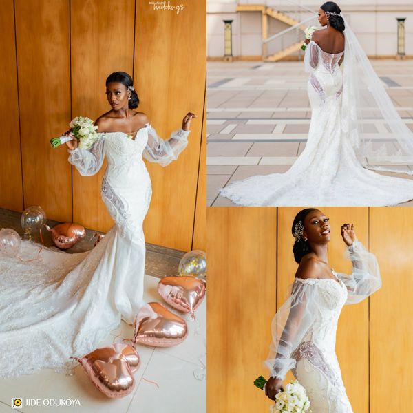 elegant mermaid wedding dresses off the shoulder lace appliqued long sleeve beach wedding dress bridal gowns plus size robes de mariée, White
elegant mermaid wedding dresses off the shoulder lace appliqued long sleeve beach wedding dress bridal gowns plus size robes de mariée, White