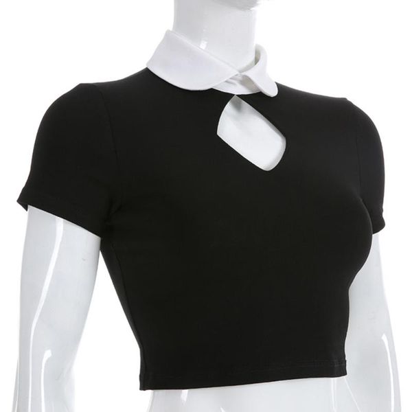 women summer short sleeve turn-down neck t-shirt hollow out ladies exposed navel breathable tees cotton shirts, White
women summer short sleeve turn-down neck t-shirt hollow out ladies exposed navel breathable tees cotton shirts, White