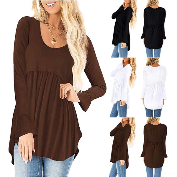 2019 autumn women's solid color round collar long sleeve horn horn trumpet sleeve pleated t, White
2019 autumn women's solid color round collar long sleeve horn horn trumpet sleeve pleated t, White