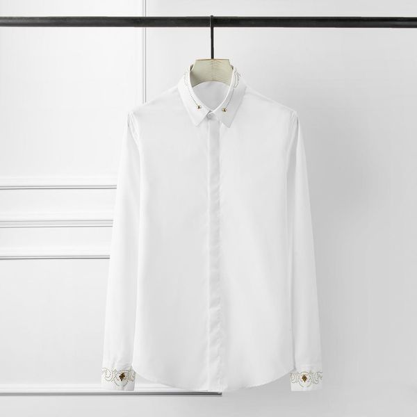 minglu shirt men luxury royal cuff and collar rivet black white men shirt casual long sleeve mens shirts plus size 4xl shirts, White;black