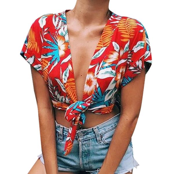 women crop deep-v neck short sleeve flower print crop colorful clothes camisetas mujer, White
women crop deep-v neck short sleeve flower print crop colorful clothes camisetas mujer, White