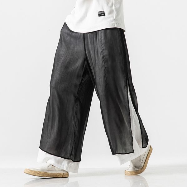 men straight skirt trousers double layer chinese style cotton linen casual wide leg pants male streetwear mesh splice loose pnat, Black
men straight skirt trousers double layer chinese style cotton linen casual wide leg pants male streetwear mesh splice loose pnat, Black