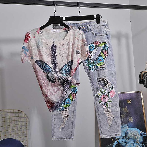 2020 summer 2 piece sets women new vintage ice silk print short-sleeve t-shirt + ripped jeans pants girls ladies two-piece suit, White
2020 summer 2 piece sets women new vintage ice silk print short-sleeve t-shirt + ripped jeans pants girls ladies two-piece suit, White