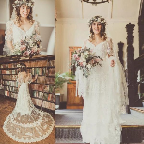 romantic appliqued lace wedding dresses short sleeve backless v neck long trail a line stunning 2020 bridal gowns vestidos de noiva, White
romantic appliqued lace wedding dresses short sleeve backless v neck long trail a line stunning 2020 bridal gowns vestidos de noiva, White