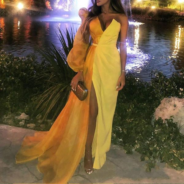 evening dresses yellow v neck long sleeves high split custom made prom party runway fashion gowns, Black
evening dresses yellow v neck long sleeves high split custom made prom party runway fashion gowns, Black