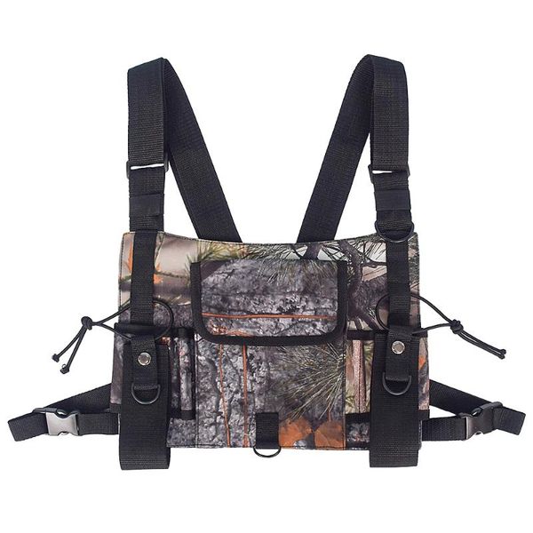 

outdoor hunting highly visible reflective radio harness chest rig front pack pouch holster vest bag for walkie talkie, Camo;black