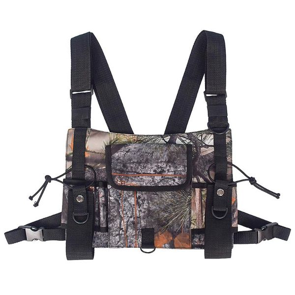 

outdoor hunting highly visible reflective radio harness chest rig front pack pouch holster vest bag for walkie talkie, Camo;black