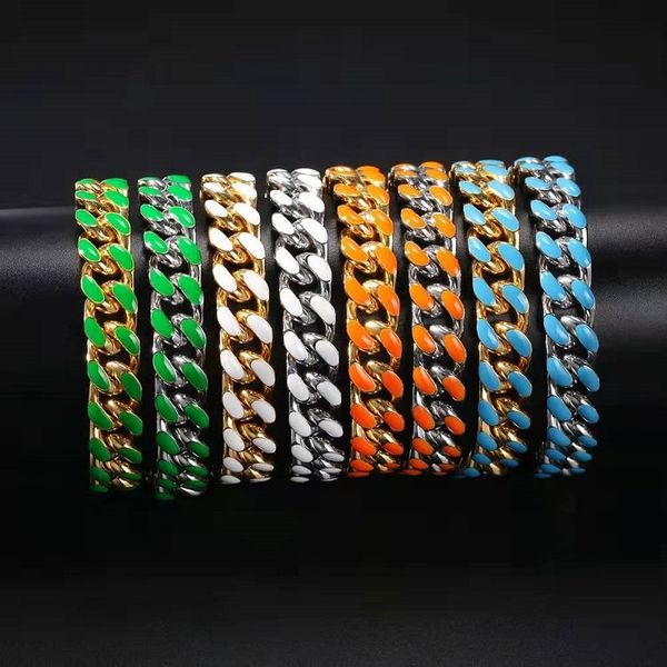 7 8 inches 11mm colorful cuban link chain bracelet for men luxury designer hip hop link chains bracelets gold silver stainless steel jewelry, Black 
7 8 inches 11mm colorful cuban link chain bracelet for men luxury designer hip hop link chains bracelets gold silver stainless steel jewelry, Black