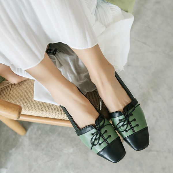 ins women pumps genuine leather 22-24.5cm cowhide stitching small square head laces shoes woman european and american, Black 
ins women pumps genuine leather 22-24.5cm cowhide stitching small square head laces shoes woman european and american, Black