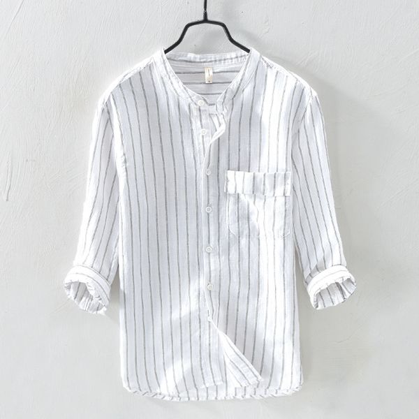 selling product in 2020 japanese small fresh striped linen shirt men's retro fashion 3/4 sleeve men's shirt clothing, White;black 
selling product in 2020 japanese small fresh striped linen shirt men's retro fashion 3/4 sleeve men's shirt clothing, White;black