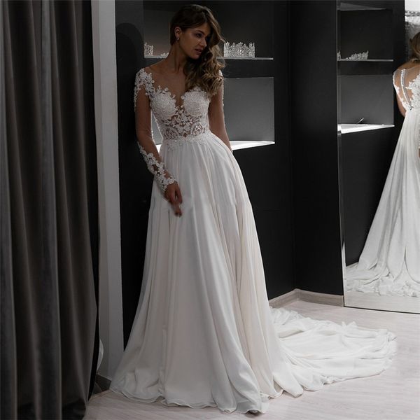 2020 sheer long sleeves appliques lace wedding dresses chiffon skirt bridal gowns custom online women wedding dress beading sequins vestidos, White
2020 sheer long sleeves appliques lace wedding dresses chiffon skirt bridal gowns custom online women wedding dress beading sequins vestidos, White