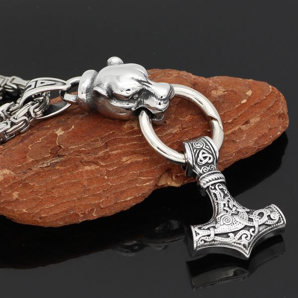 men stainless steel odin wolf head with thor hammer mjolnir knot amulet pagan pendant necklace, Silver
men stainless steel odin wolf head with thor hammer mjolnir knot amulet pagan pendant necklace, Silver