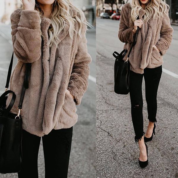 2019 autumn winter female cardigan coat warm soft plush faux fur outerwear suit collar pockets jacket solid color streetwear, Black
2019 autumn winter female cardigan coat warm soft plush faux fur outerwear suit collar pockets jacket solid color streetwear, Black