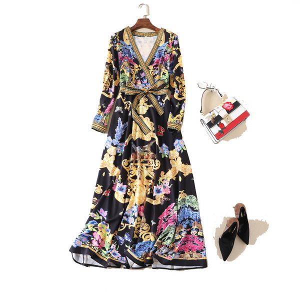 european and american women's fashion 2019 spring new style long-sleeve v-neck with vintage print long dress of temperament, Black;gray
european and american women's fashion 2019 spring new style long-sleeve v-neck with vintage print long dress of temperament, Black;gray